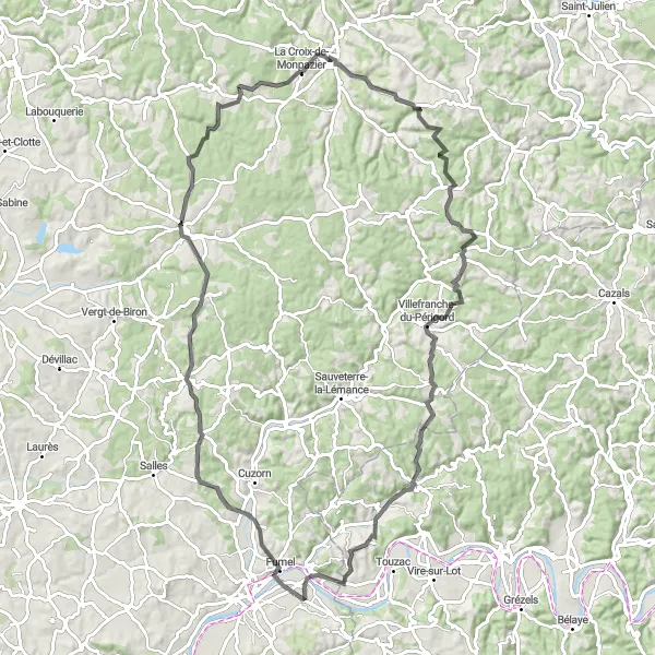 Miniature de la carte de l'inspiration cycliste "Parcours pittoresque près de Montayral" dans la Aquitaine, France. Générée par le planificateur d'itinéraire cycliste Tarmacs.app