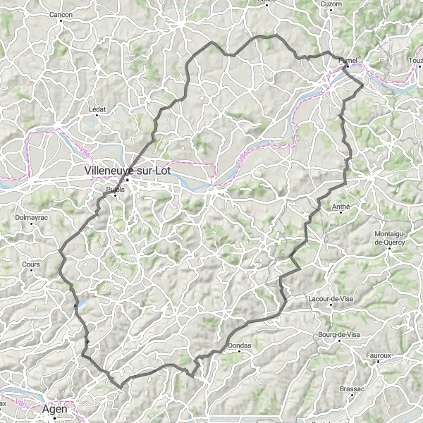 Miniature de la carte de l'inspiration cycliste "Découverte des trésors cachés aux alentours de Montayral" dans la Aquitaine, France. Générée par le planificateur d'itinéraire cycliste Tarmacs.app