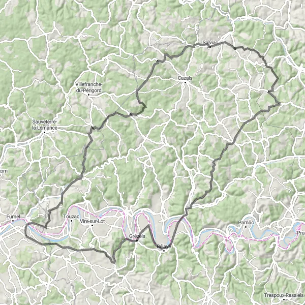 Miniatua del mapa de inspiración ciclista "Ruta de carretera a Soturac y Montayral" en Aquitaine, France. Generado por Tarmacs.app planificador de rutas ciclistas