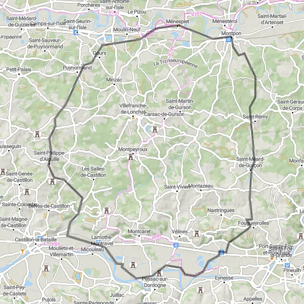 Miniatua del mapa de inspiración ciclista "Ruta de Saint-Rémy a Ménesplet" en Aquitaine, France. Generado por Tarmacs.app planificador de rutas ciclistas