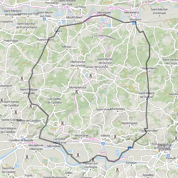 Map miniature of "The Rural Escape" cycling inspiration in Aquitaine, France. Generated by Tarmacs.app cycling route planner