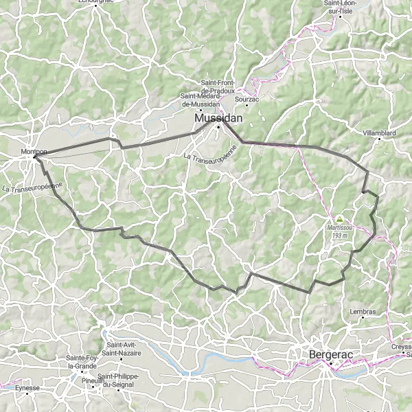 Miniatua del mapa de inspiración ciclista "Recorrido por Mussidan y Ginestet" en Aquitaine, France. Generado por Tarmacs.app planificador de rutas ciclistas