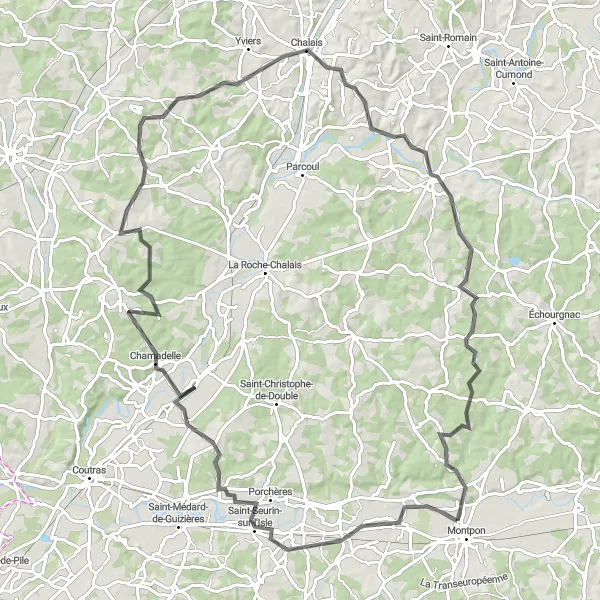 Miniatua del mapa de inspiración ciclista "Ruta de Ménesplet a Le Petit Fonmassonnade" en Aquitaine, France. Generado por Tarmacs.app planificador de rutas ciclistas