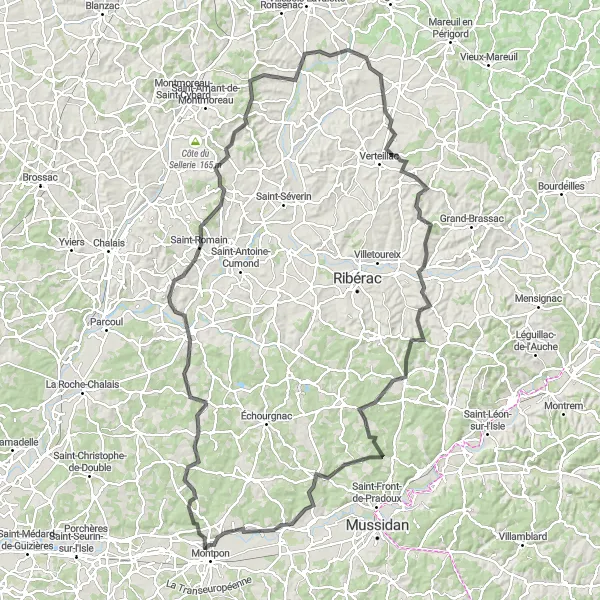 Map miniature of "Dronne River Ride" cycling inspiration in Aquitaine, France. Generated by Tarmacs.app cycling route planner