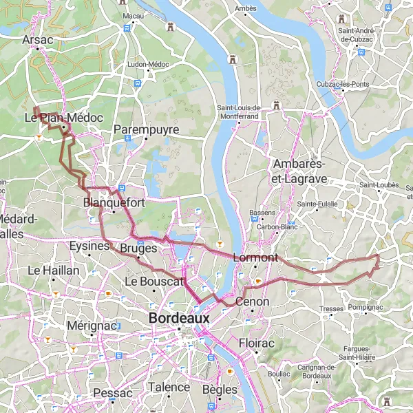 Miniatua del mapa de inspiración ciclista "Ruta por caminos de grava alrededor de Montussan" en Aquitaine, France. Generado por Tarmacs.app planificador de rutas ciclistas