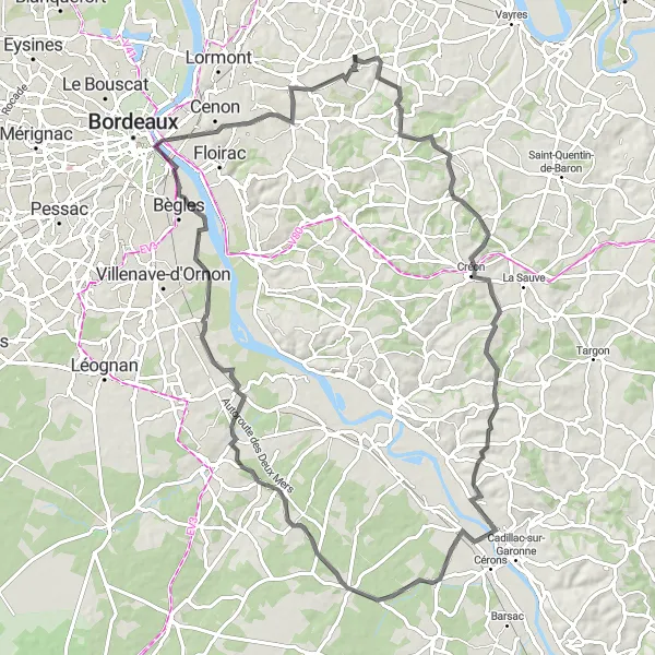 Map miniature of "Road Cycling Route: Sallebœuf to Tresses" cycling inspiration in Aquitaine, France. Generated by Tarmacs.app cycling route planner