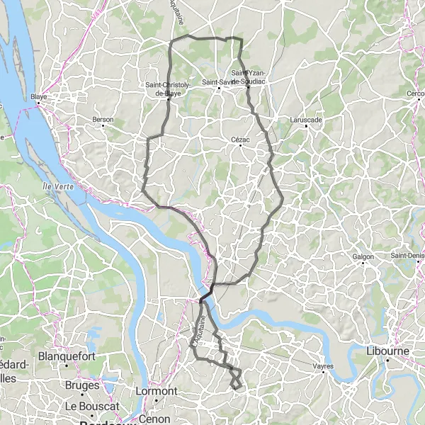 Miniatua del mapa de inspiración ciclista "Ruta de los Viñedos de Burdeos" en Aquitaine, France. Generado por Tarmacs.app planificador de rutas ciclistas