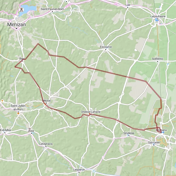 Map miniature of "Majestic Route to Mézos" cycling inspiration in Aquitaine, France. Generated by Tarmacs.app cycling route planner