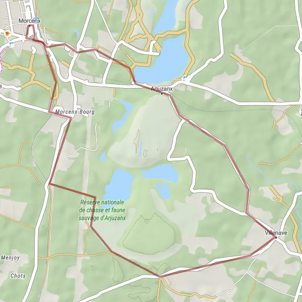 Miniatua del mapa de inspiración ciclista "Circuito corto de grava desde Morcenx" en Aquitaine, France. Generado por Tarmacs.app planificador de rutas ciclistas