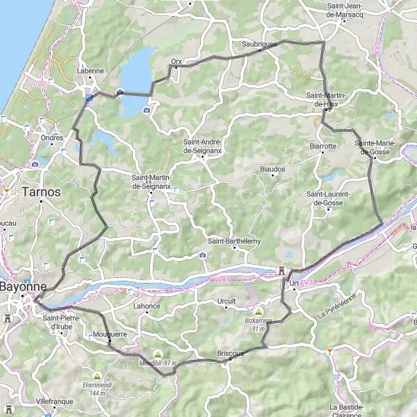 Miniatua del mapa de inspiración ciclista "Ruta de 69 km en carretera desde Mouguerre" en Aquitaine, France. Generado por Tarmacs.app planificador de rutas ciclistas