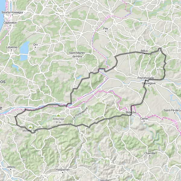 Miniature de la carte de l'inspiration cycliste "La Boucle des Villages Basques" dans la Aquitaine, France. Générée par le planificateur d'itinéraire cycliste Tarmacs.app