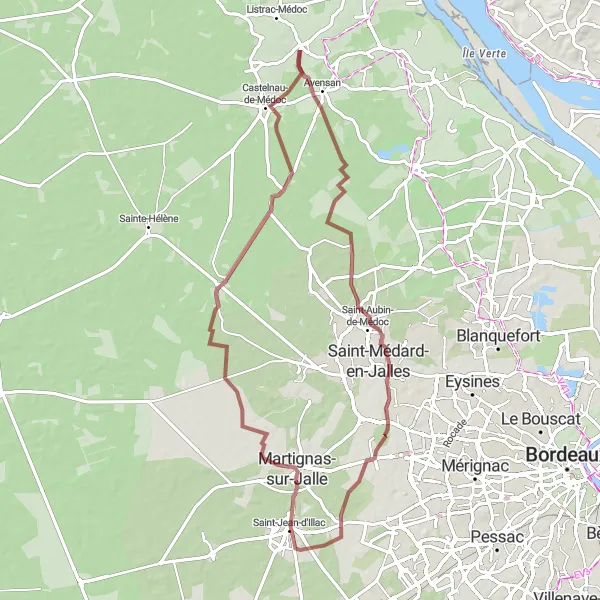 Miniatua del mapa de inspiración ciclista "Ruta de Grava de Saint-Aubin-de-Médoc" en Aquitaine, France. Generado por Tarmacs.app planificador de rutas ciclistas