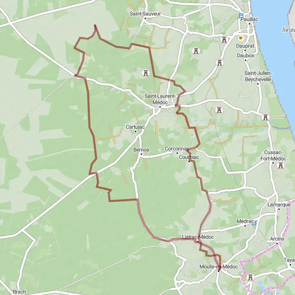 Map miniature of "Exploring Médoc Gravel Roads" cycling inspiration in Aquitaine, France. Generated by Tarmacs.app cycling route planner