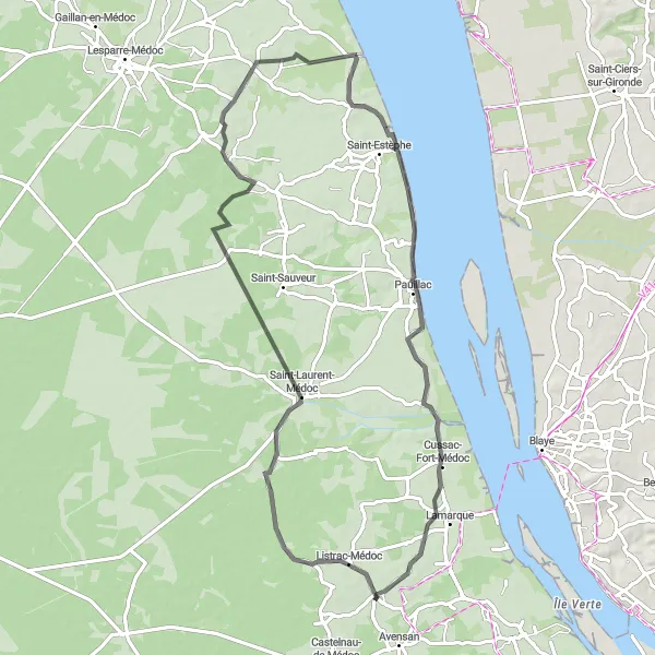 Miniatua del mapa de inspiración ciclista "Ruta en carretera a través de Médoc" en Aquitaine, France. Generado por Tarmacs.app planificador de rutas ciclistas
