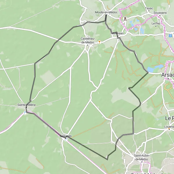 Map miniature of "Moulis-en-Médoc to Bouqueyran Road Route" cycling inspiration in Aquitaine, France. Generated by Tarmacs.app cycling route planner