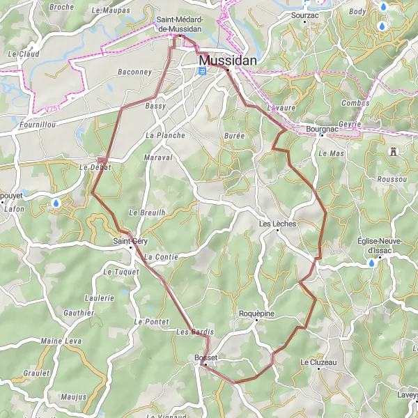 Map miniature of "Bosset Gravel Escape" cycling inspiration in Aquitaine, France. Generated by Tarmacs.app cycling route planner