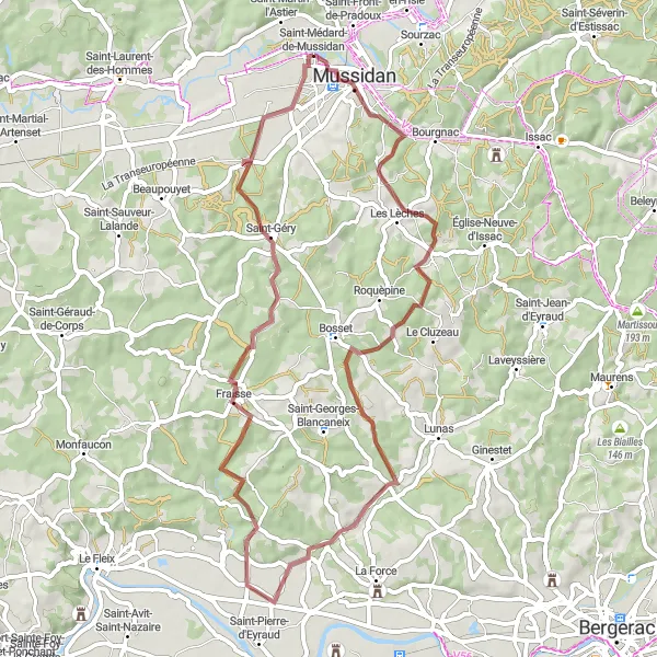 Map miniature of "Mussidan Gravel Adventure" cycling inspiration in Aquitaine, France. Generated by Tarmacs.app cycling route planner