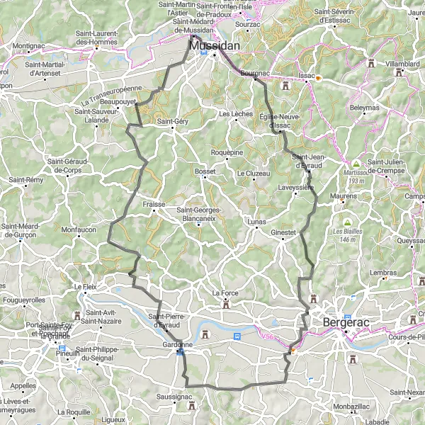Miniature de la carte de l'inspiration cycliste "Parcours de cyclisme Route Mussidan - Saint-Pierre-d'Eyraud" dans la Aquitaine, France. Générée par le planificateur d'itinéraire cycliste Tarmacs.app