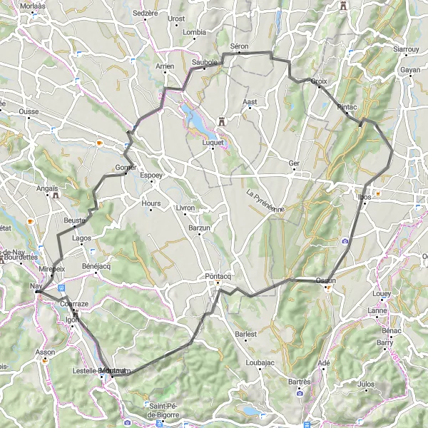 Miniature de la carte de l'inspiration cycliste "Circuit de Nay: Route des Vallées Pyrénéennes" dans la Aquitaine, France. Générée par le planificateur d'itinéraire cycliste Tarmacs.app