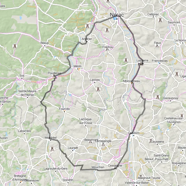 Miniature de la carte de l'inspiration cycliste "Tour du Château de Nérac" dans la Aquitaine, France. Générée par le planificateur d'itinéraire cycliste Tarmacs.app