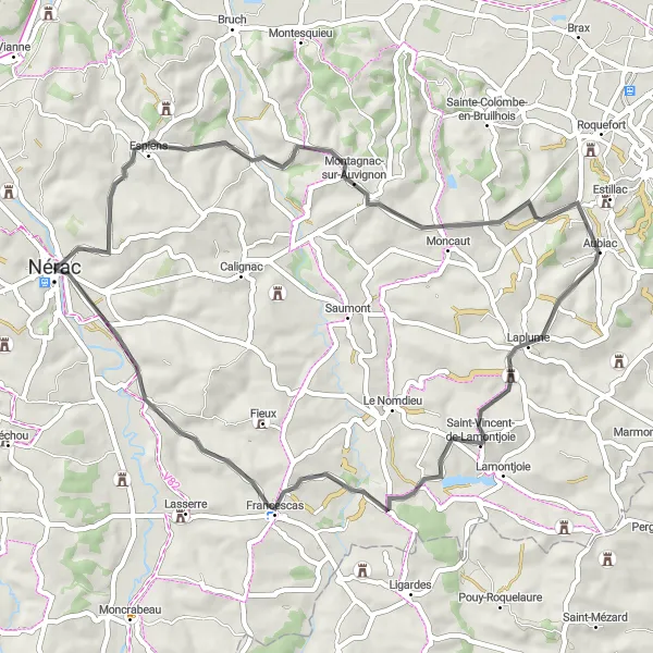 Miniature de la carte de l'inspiration cycliste "Circuit culturel autour de Nérac" dans la Aquitaine, France. Générée par le planificateur d'itinéraire cycliste Tarmacs.app