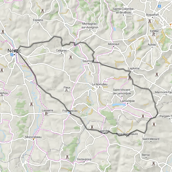 Miniatua del mapa de inspiración ciclista "Ruta de Ciclismo de 54 km desde Nérac" en Aquitaine, France. Generado por Tarmacs.app planificador de rutas ciclistas