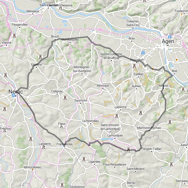 Miniature de la carte de l'inspiration cycliste "Parcours de Moirax" dans la Aquitaine, France. Générée par le planificateur d'itinéraire cycliste Tarmacs.app