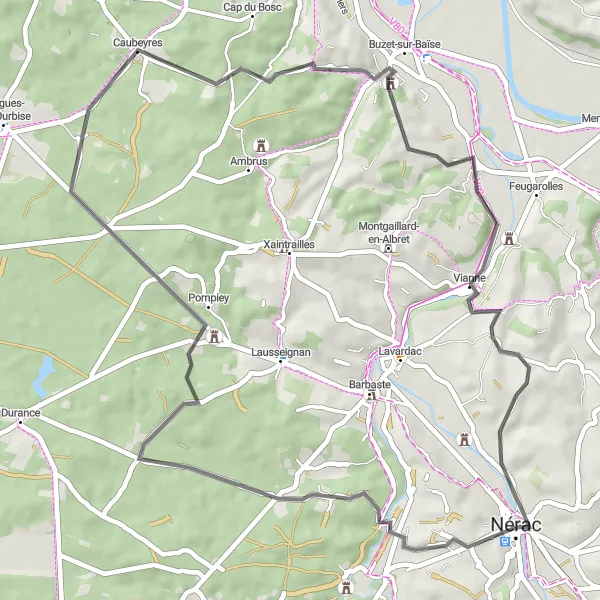 Miniature de la carte de l'inspiration cycliste "Parcours bucolique autour de Nérac" dans la Aquitaine, France. Générée par le planificateur d'itinéraire cycliste Tarmacs.app