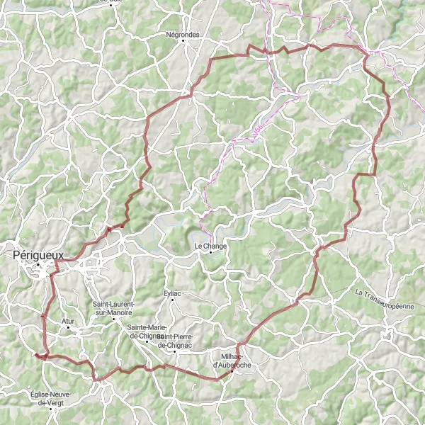 Map miniature of "Daring Gravel Cycling Route with Trélissac, Sorges, Château d'Excideuil, Tourtoirac, Limeyrat, Milhac-d'Auberoche, Marsaneix, and La Renaudie" cycling inspiration in Aquitaine, France. Generated by Tarmacs.app cycling route planner