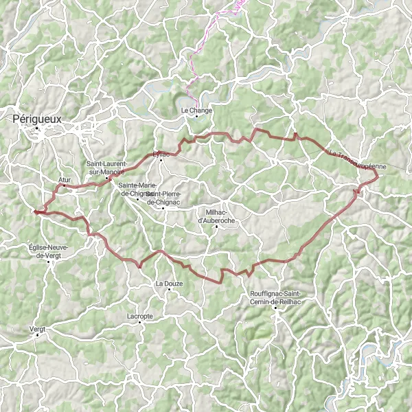Miniatua del mapa de inspiración ciclista "Ruta desafiante de grava desde Notre-Dame-de-Sanilhac" en Aquitaine, France. Generado por Tarmacs.app planificador de rutas ciclistas