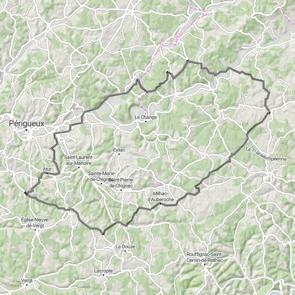 Map miniature of "Road Cycling Route through Atur, Château de Trigonant, Sainte-Eulalie-d'Ans, Ajat, Milhac-d'Auberoche, and Marsaneix" cycling inspiration in Aquitaine, France. Generated by Tarmacs.app cycling route planner