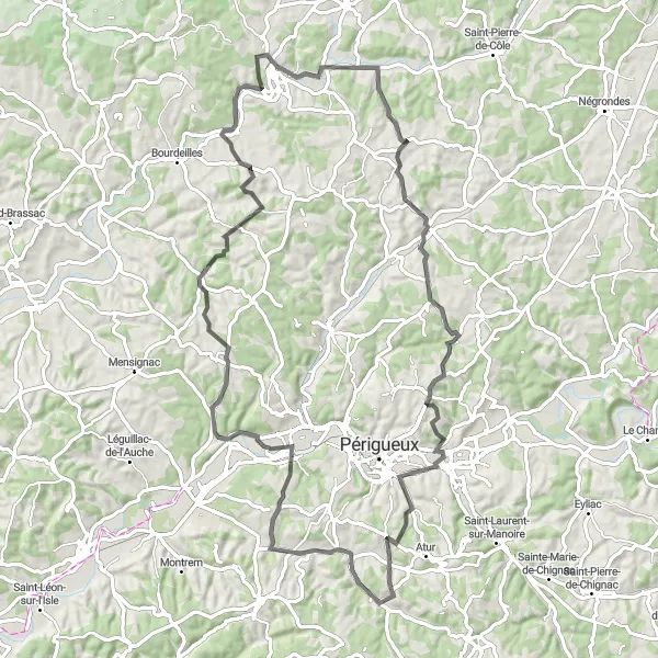 Map miniature of "Road Cycling Adventure to La Chaussenie" cycling inspiration in Aquitaine, France. Generated by Tarmacs.app cycling route planner