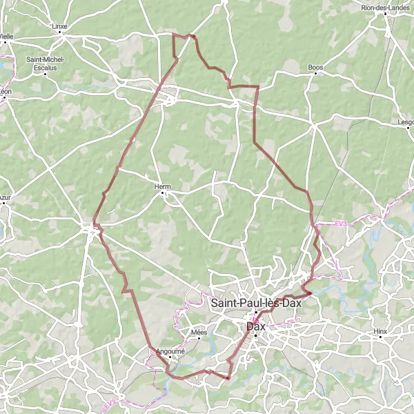 Miniatua del mapa de inspiración ciclista "Exploración de caminos de grava desde Oeyreluy " en Aquitaine, France. Generado por Tarmacs.app planificador de rutas ciclistas