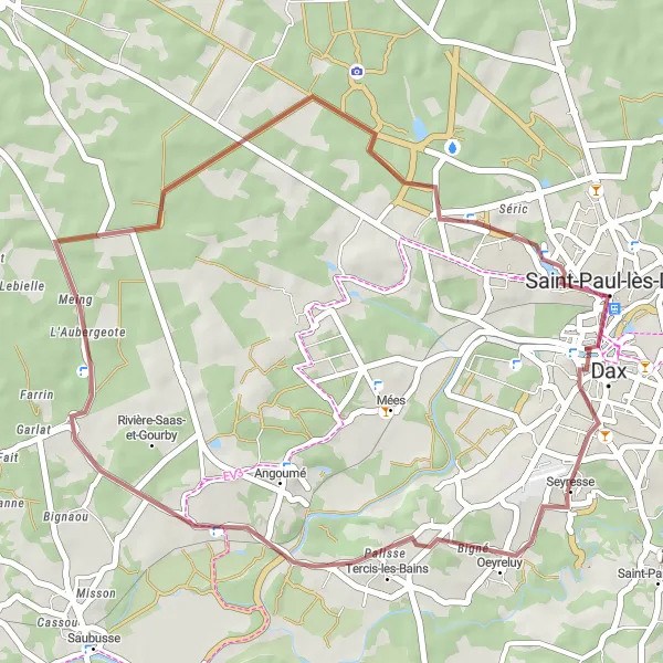 Miniatua del mapa de inspiración ciclista "Ruta en Gravel a Seyresse" en Aquitaine, France. Generado por Tarmacs.app planificador de rutas ciclistas