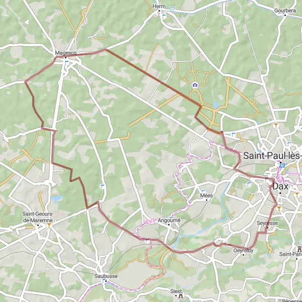 Miniatua del mapa de inspiración ciclista "Ruta Gravel a Garlat" en Aquitaine, France. Generado por Tarmacs.app planificador de rutas ciclistas
