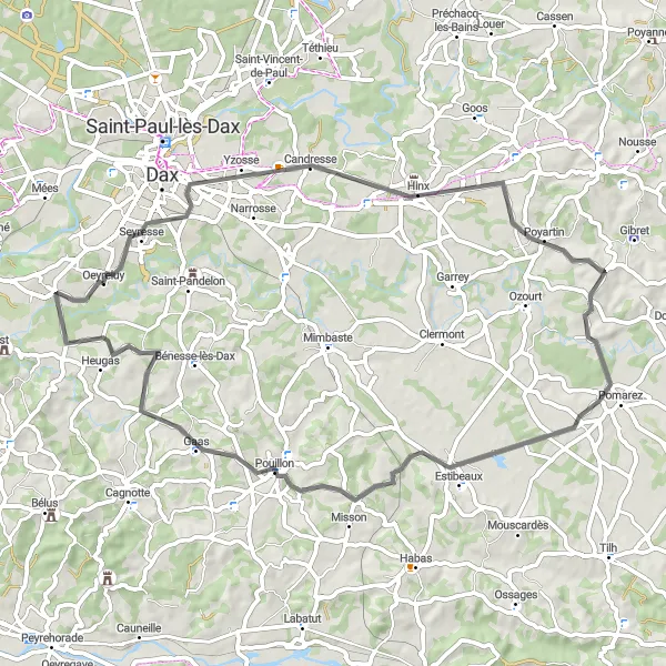 Miniatua del mapa de inspiración ciclista "Ruta de Carretera a Tercis-les-Bains" en Aquitaine, France. Generado por Tarmacs.app planificador de rutas ciclistas