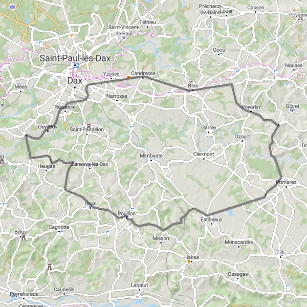 Map miniature of "Cycling Through Quaint Villages" cycling inspiration in Aquitaine, France. Generated by Tarmacs.app cycling route planner