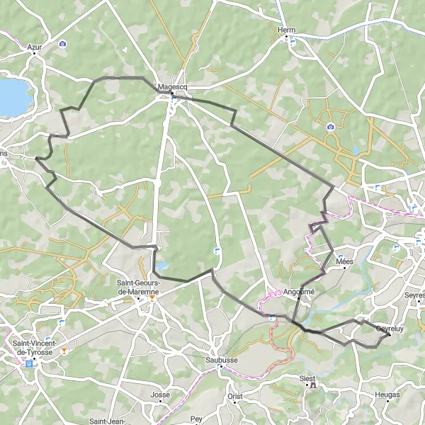 Miniature de la carte de l'inspiration cycliste "Boucle de Tercis-les-Bains" dans la Aquitaine, France. Générée par le planificateur d'itinéraire cycliste Tarmacs.app