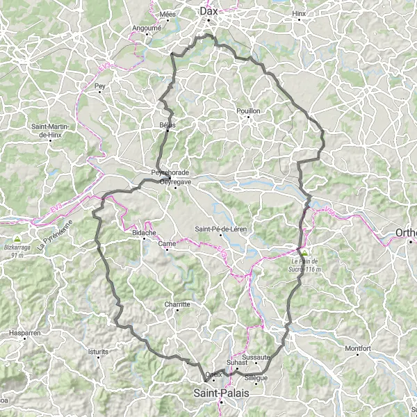 Miniatua del mapa de inspiración ciclista "Desafío a Bardos" en Aquitaine, France. Generado por Tarmacs.app planificador de rutas ciclistas