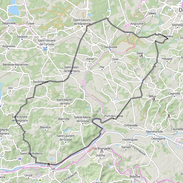 Miniatua del mapa de inspiración ciclista "Ruta escénica a través de Port-de-Lanne y más allá" en Aquitaine, France. Generado por Tarmacs.app planificador de rutas ciclistas