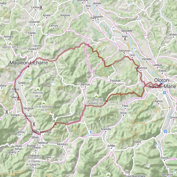 Map miniature of "Gravel Route: Oloron-Sainte-Marie to Orin via Château de Maÿtie and L'Hôpital-Saint-Blaise" cycling inspiration in Aquitaine, France. Generated by Tarmacs.app cycling route planner