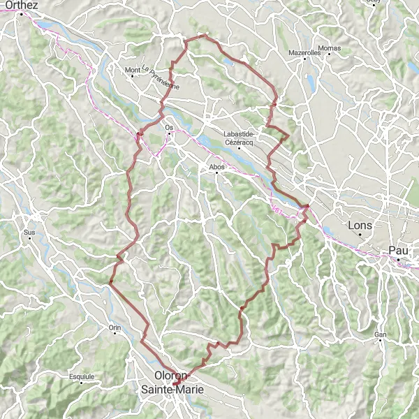 Miniatua del mapa de inspiración ciclista "Ruta de Grava a Oloron-Sainte-Marie" en Aquitaine, France. Generado por Tarmacs.app planificador de rutas ciclistas