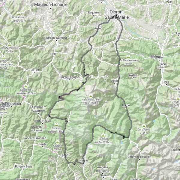 Miniatua del mapa de inspiración ciclista "Desafío Montañés por los Pirineos" en Aquitaine, France. Generado por Tarmacs.app planificador de rutas ciclistas