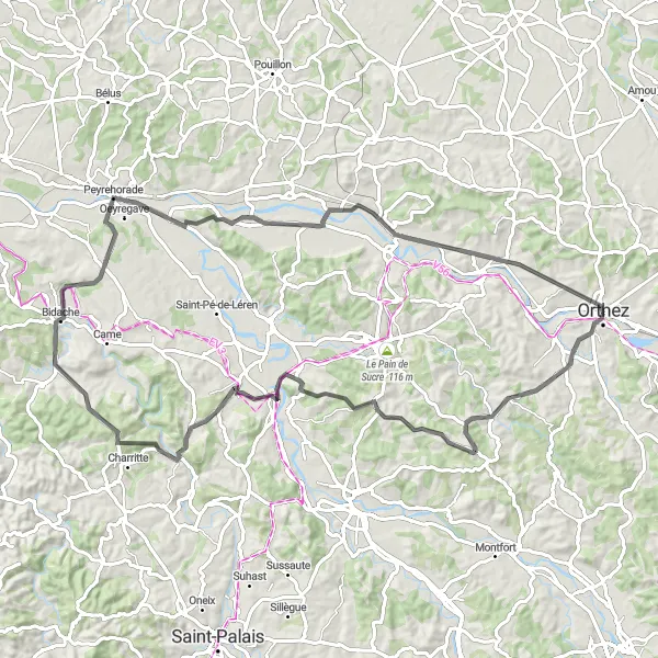 Miniature de la carte de l'inspiration cycliste "Boucle Orion - Baigts-de-Béarn" dans la Aquitaine, France. Générée par le planificateur d'itinéraire cycliste Tarmacs.app