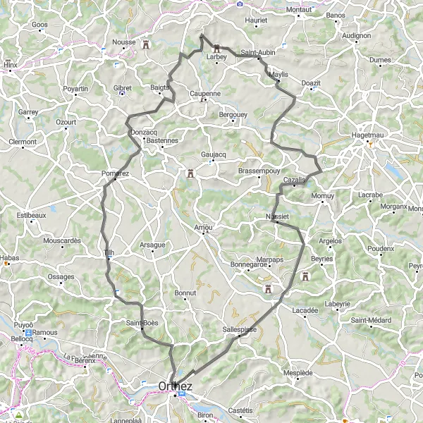 Miniatua del mapa de inspiración ciclista "Ruta de 82 km en carretera desde Orthez" en Aquitaine, France. Generado por Tarmacs.app planificador de rutas ciclistas