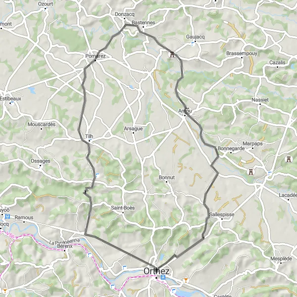 Miniatua del mapa de inspiración ciclista "Ruta de 51 km en carretera desde Orthez" en Aquitaine, France. Generado por Tarmacs.app planificador de rutas ciclistas