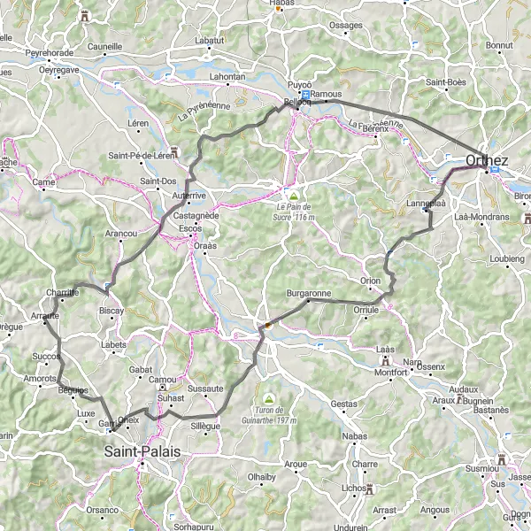 Miniatua del mapa de inspiración ciclista "Ruta de 85 km en carretera desde Orthez" en Aquitaine, France. Generado por Tarmacs.app planificador de rutas ciclistas