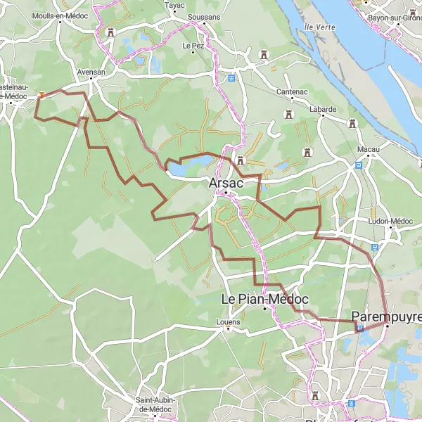 Map miniature of "Scenic gravel route near Parempuyre" cycling inspiration in Aquitaine, France. Generated by Tarmacs.app cycling route planner