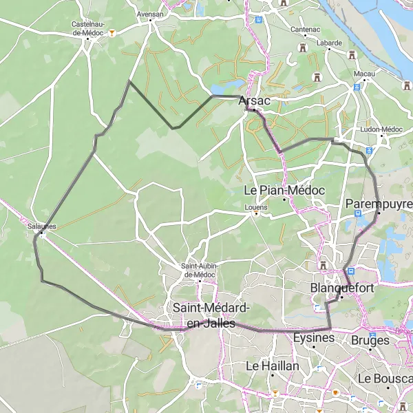 Miniature de la carte de l'inspiration cycliste "Boucle de Blanquefort" dans la Aquitaine, France. Générée par le planificateur d'itinéraire cycliste Tarmacs.app