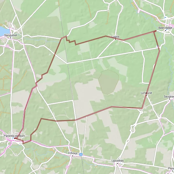 Map miniature of "Lugos Loop" cycling inspiration in Aquitaine, France. Generated by Tarmacs.app cycling route planner